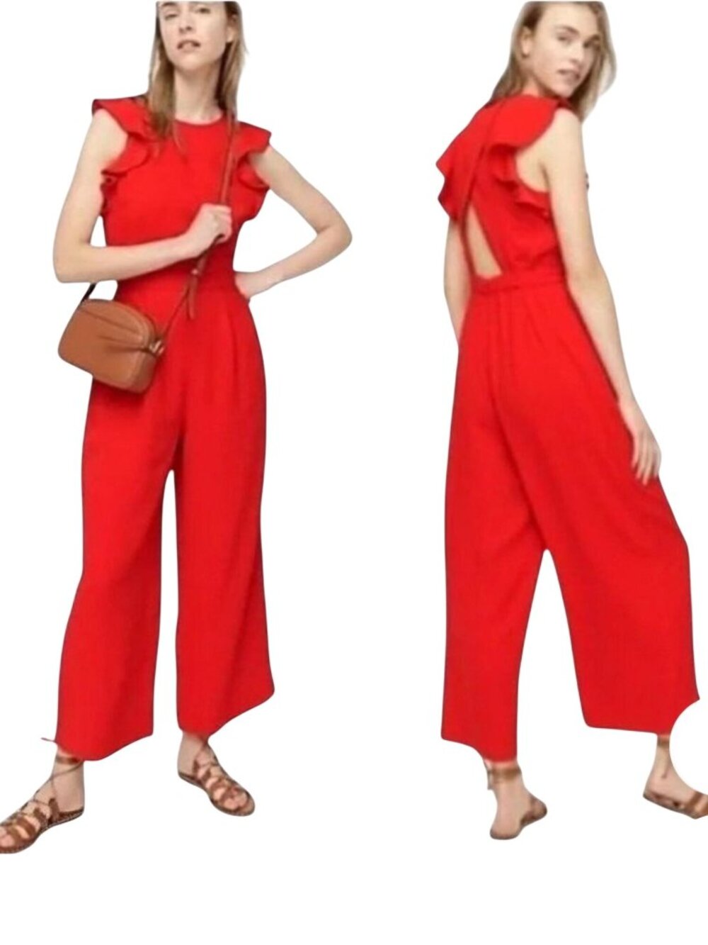 J.Crew Bright Red Crepe 365 Sleeveless Ruffle Wide Leg Jumpsuit Cut Out Size 2